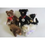 Five Steiff Club Bears, including a 2001 brown bear, 2003 Peter Jones bear, a Shitzu and a bi-