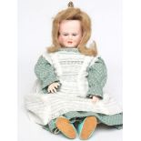 A Carl Bergner three faced bisque head doll, with sleeping, laughing and crying faces, glass fixed