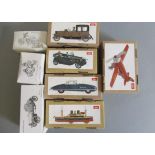 Joyo and other clockwork tinplate vehicles including cars, motorbike and ship, all items boxed, G-