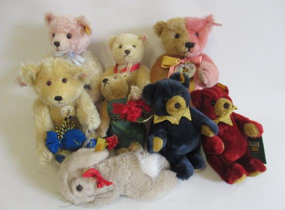 Six Steiff collector's teddy bears, including a three colour Classic, two jesters and a Good Luck
