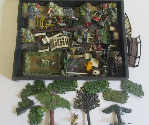 Britains and others garden borders, furniture, trees and equipment, F-G