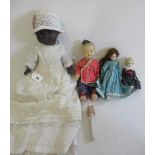 Five dolls, comprising one 6 1/2" all bisque girl doll, a 9" bisque socket head doll with fixed eyes