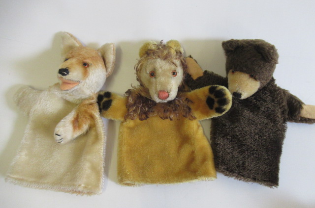 Five vintage plush puppets, possibly Steiff, comprising a lion, an owl, a rabbit, a fox and a bear - Image 2 of 3