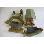 Playworn trackside accessories including goods shed, level crossing and platform fittings, F-P