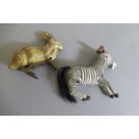 Chinese clockwork zebra and UK made clockwork hare, G-F