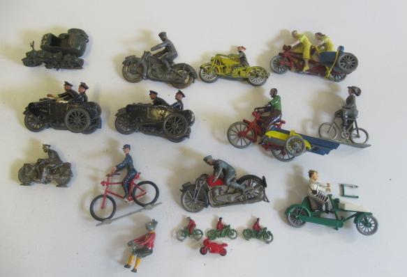 Britains, Morestone and others motorbike and bicycles including police bike and side car and a