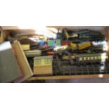 Playworn O gauge trains by Hornby and others including passenger coaches, goods rolling stock, Hugar