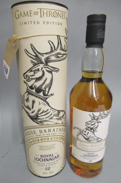 One bottle Lochnagar 12 year old Game of Thrones limited edition for House Baratheon, boxed