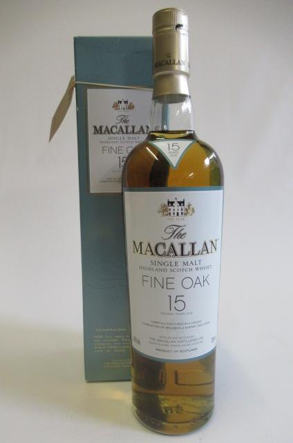 One bottle The Macallan 15yr old, Fine Oak single malt highland scotch whisky, boxed