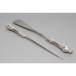 A LATE VICTORIAN LARGE SHOE HORN AND BOOT BUTTON HOOK, maker's mark indistinct, Birmingham 1889, the