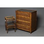 AN EDWARDIAN BAMBOO AND WICKER CHEST of four long drawers with turned wood handles and inset glass