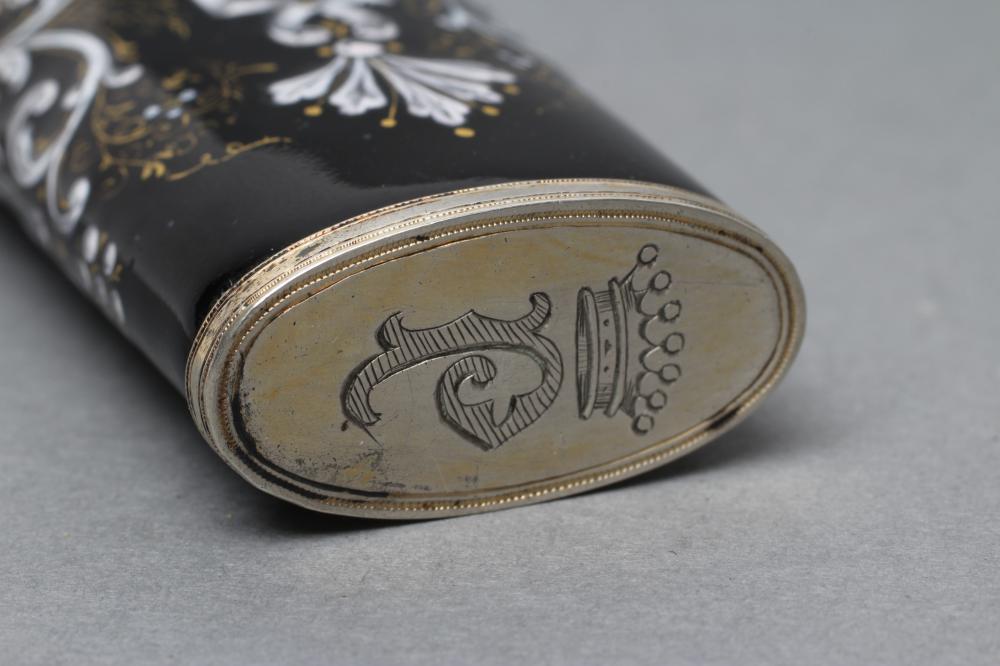 A LIMOGES ENAMEL SCENT BOTTLE, early 19th century, of flared flattened oval section, the black - Image 3 of 6