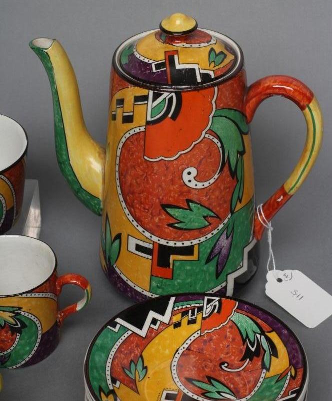 AN ART DECO WINTON POTTERY "JAZZ" COFFEE SERVICE of plain tapering cylindrical form, painted in - Image 2 of 6