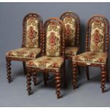 A SET OF FOUR VICTORIAN WALNUT SIDE CHAIRS, upholstered in red, green and gold cut velvet, the