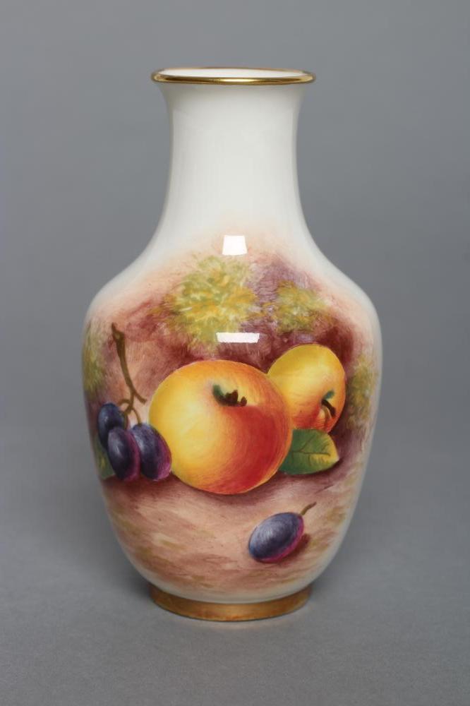 A ROYAL WORCESTER CHINA SMALL VASE, 1954, of baluster form, painted in colours by Maybury with a