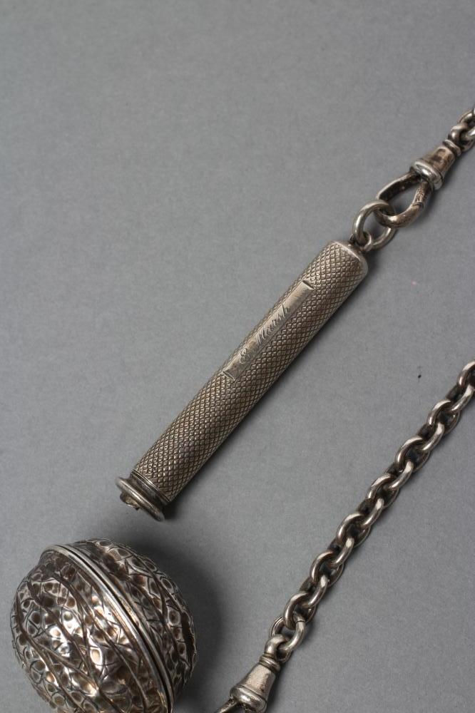 A LATE VICTORIAN SILVER CHATELAINE, maker Saunders & Shepherd, London 1894, the open scroll belt - Image 4 of 7