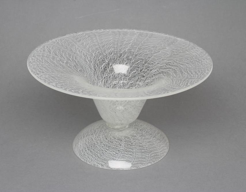 A MURANO WHITE LATTICINO GLASS PEDESTAL BOWL, mid 20th century, of circular form with wide everted