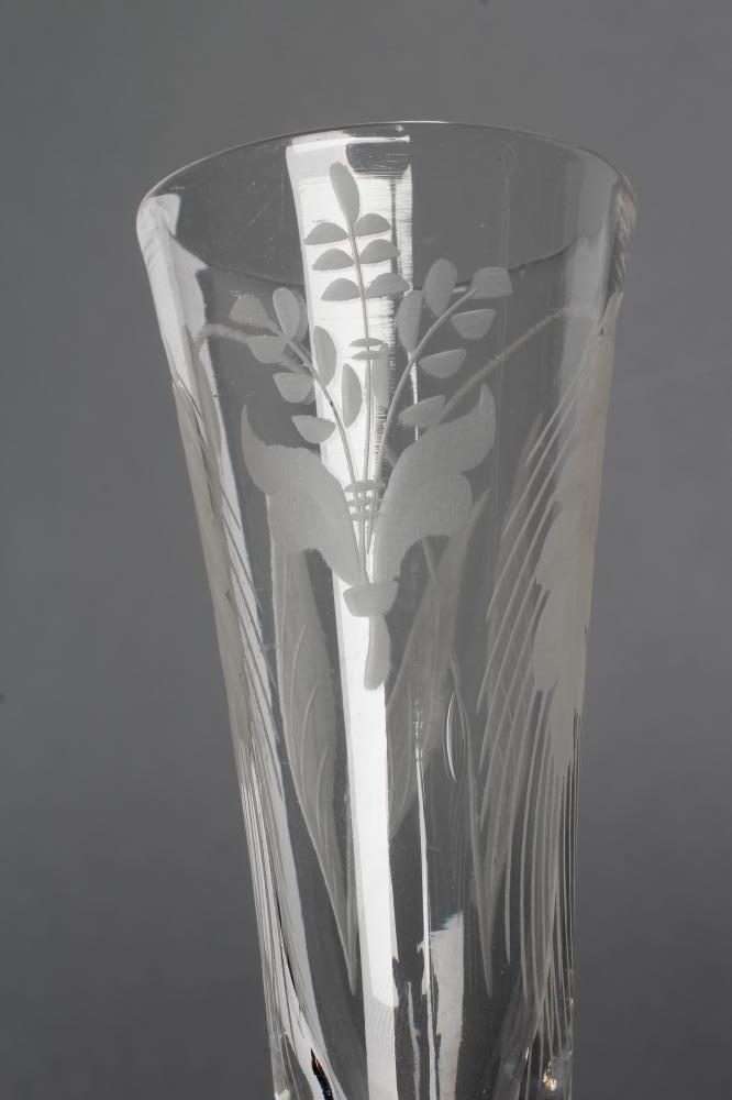 AN ALE GLASS, mid 18th century, the round funnel bowl wheel engraved with ears of barley on an - Image 3 of 5