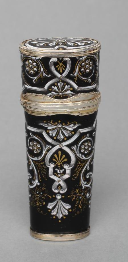 A LIMOGES ENAMEL SCENT BOTTLE, early 19th century, of flared flattened oval section, the black