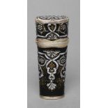 A LIMOGES ENAMEL SCENT BOTTLE, early 19th century, of flared flattened oval section, the black