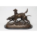 JULES EDMOND MASSON (French 1871-1932), Two Pointers Hunting, bronze on black marble plinth, signed,