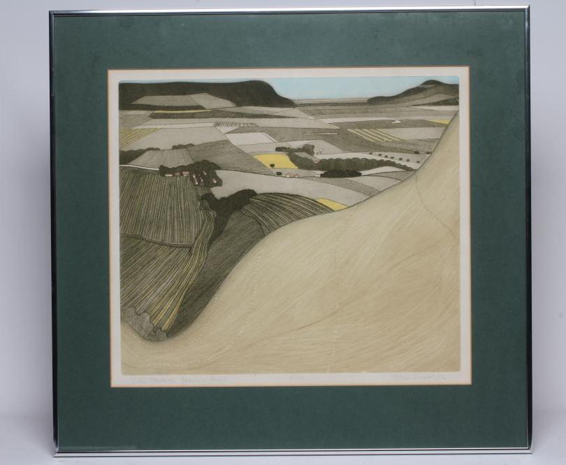 JOHN BRUNSDEN (1933-2004), "View Towards Beachy Head", coloured etching, signed and inscribed in