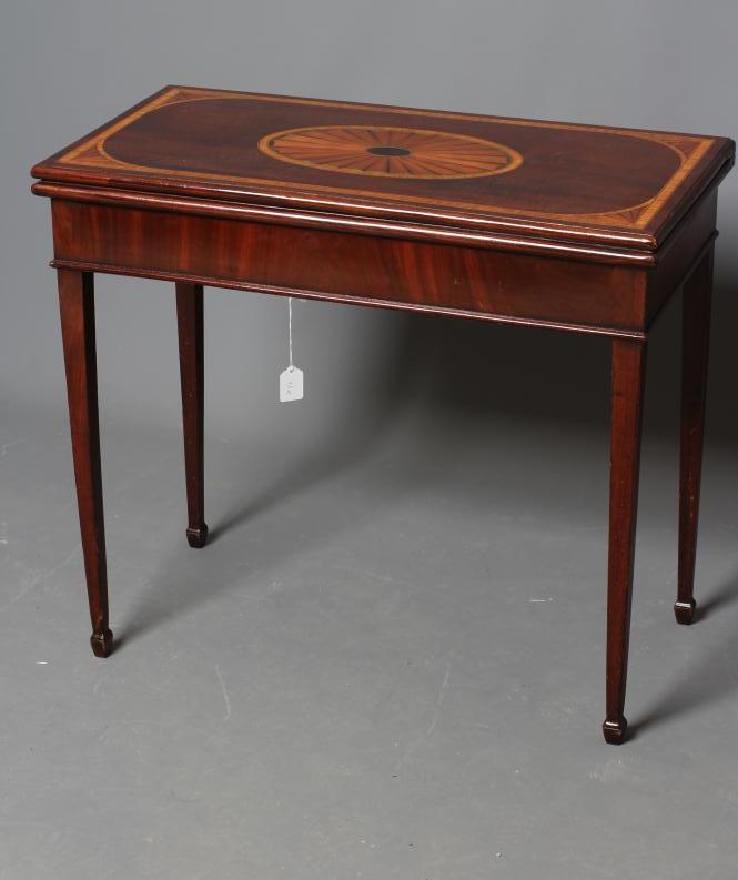 A GEORGIAN MAHOGANY FOLDING CARD TABLE, late 18th century, the moulded edged and satinwood banded