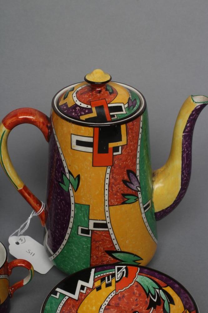 AN ART DECO WINTON POTTERY "JAZZ" COFFEE SERVICE of plain tapering cylindrical form, painted in - Image 4 of 6