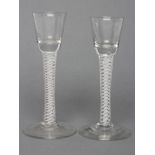 A PAIR OF WINE GLASSES, late 18th century, the bucket bowls on opaque multi twist stems with a