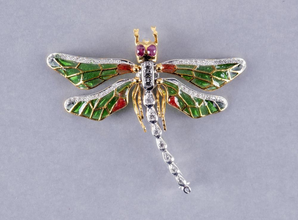 A MULTI GEM AND PLIQUE -A-JOUR DRAGONFLY BROOCH/PENDANT, maker Jonathan Lynne of Yeovil, with two