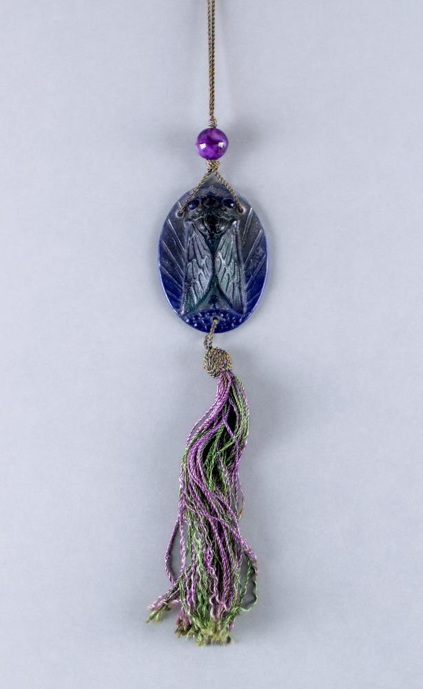 GABRIEL ARGY-ROUSSEAU - an art nouveau blue and green stained pate-de-verre oval scarab pendant,