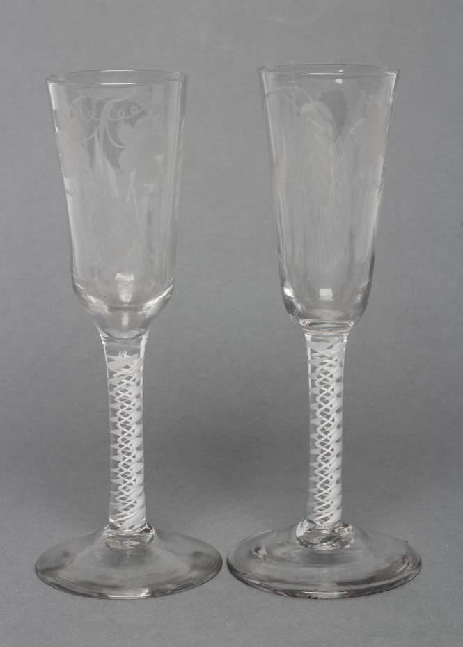 A PAIR OF ALE GLASSES, late 18th century, the round funnel bowls wheel engraved with hops and barley