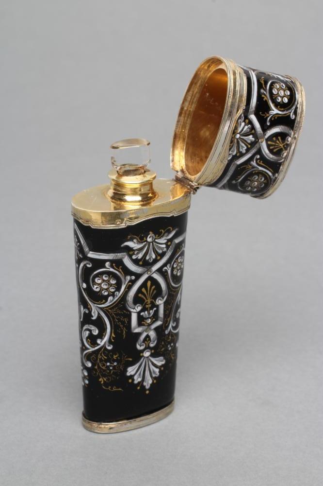 A LIMOGES ENAMEL SCENT BOTTLE, early 19th century, of flared flattened oval section, the black - Image 4 of 6