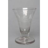 A COMMEMORATIVE ALE GLASS, mid 18th century, the drawn trumpet bowl engraved "The Glorious Memory of
