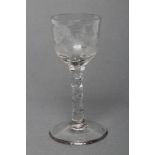 A CORDIAL GLASS, late 18th century, the round funnel bowl wheel engraved with a continuous hunting