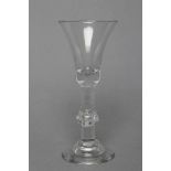 A WINE GLASS, mid 18th century, the bell bowl on plain cylindrical stem with central tear drop knop,