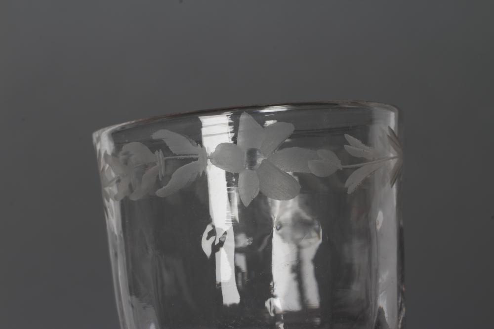 A CORDIAL GLASS, mid 18th century, the vertical mould blown ogee bowl with wheel engraved flowerhead - Image 4 of 5