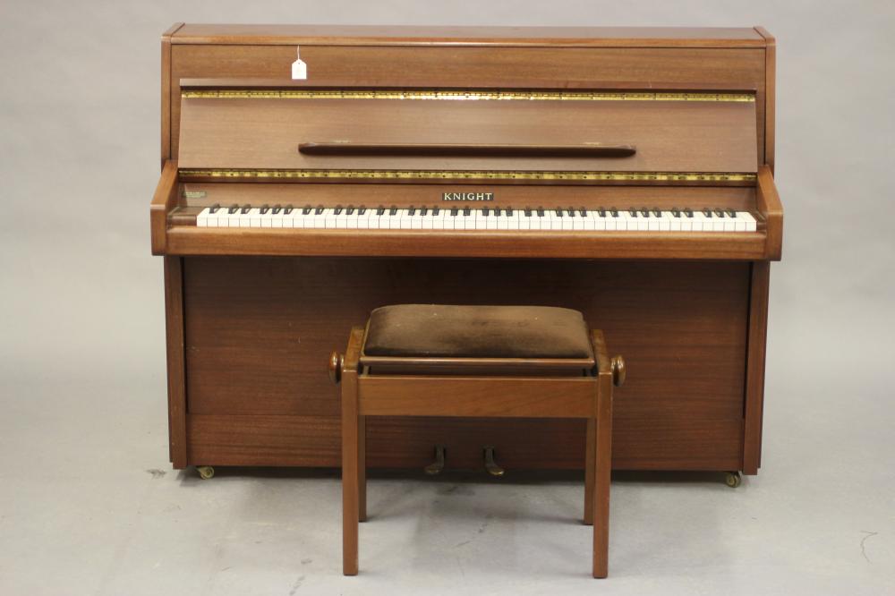 A MODERN UPRIGHT PIANO by Knight in teak case, 55 1/4" x 21 1/2" x 41 3/4", together with an