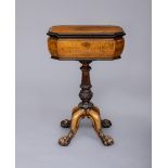 A FINE MAHOGANY AND BURR AMBOYNA TEAPOY, early 19th century, of sarcophagus form with rosewood