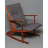 A TEAK ROCKING CHAIR, mid 20th century, the button upholstered back and seat in grey tweed, on