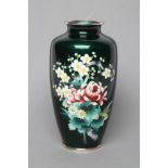 A JAPANESE ANDO GINBARI ENAMEL VASE of rounded cylindrical form inlaid in shades of pink, white,