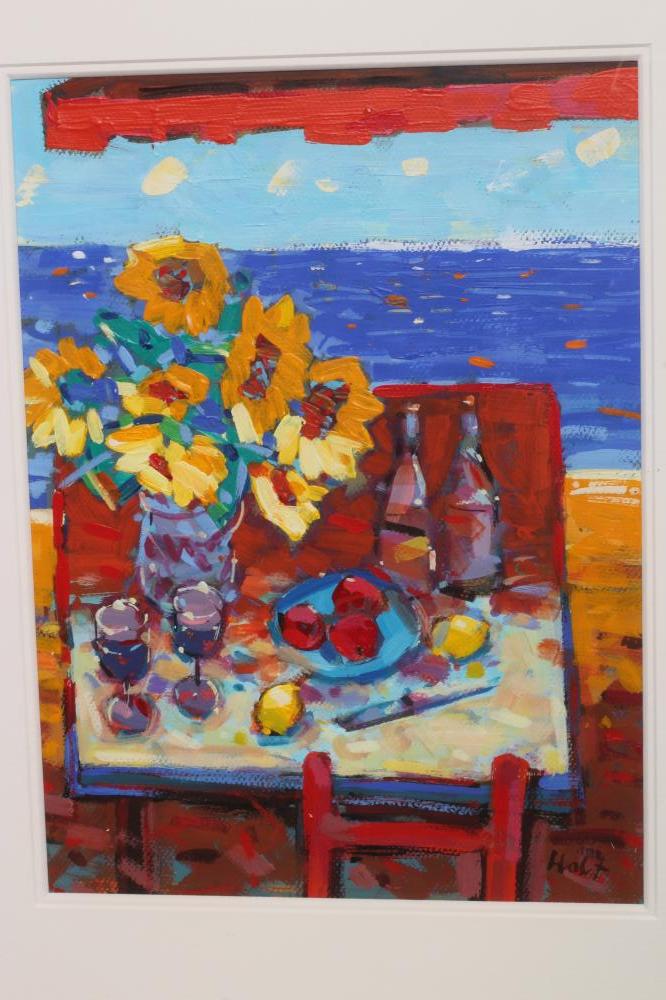 JOHN HOLT (b.1949), Still Life with Flowers, Fruit and Wine, acrylic on board, signed, 15" x 11 1/ - Image 2 of 3