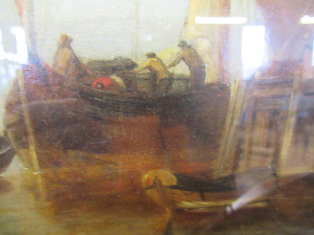 DUTCH SCHOOL (18th/19th Century), Fishing Boat at a Jetty, oil on canvas, indistinctly signed, 14" x - Image 4 of 8