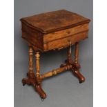 A VICTORIAN BURR WALNUT WORK TABLE of serpentine oblong form, the hinged lid opening to a fitted