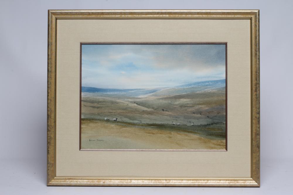 BRIAN IRVING (1931-2013), Sheep Grazing on the Moors, watercolour, pen and gouache, signed, 10 1/