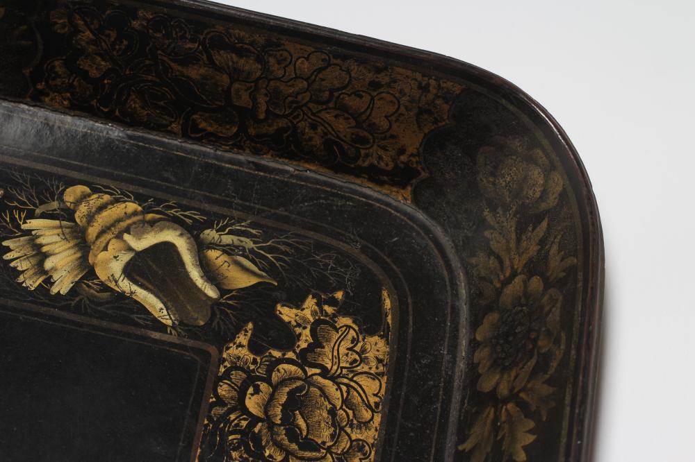 A LARGE PAPIER MACHE TEA TRAY, early 19th century, of rounded oblong form painted and gilded with - Image 4 of 5