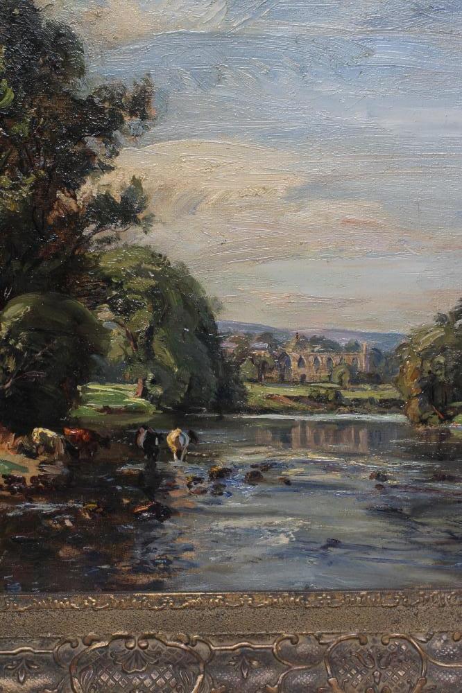 HERBERT F ROYLE (1870-1958), "On The Wharfe Bolton", oil on canvas, signed, inscribed on - Image 3 of 7