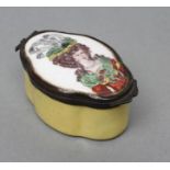 A STAFFORDSHIRE STYLE ENAMEL BOX, late 19th century, of shaped oval form, the cover painted with the