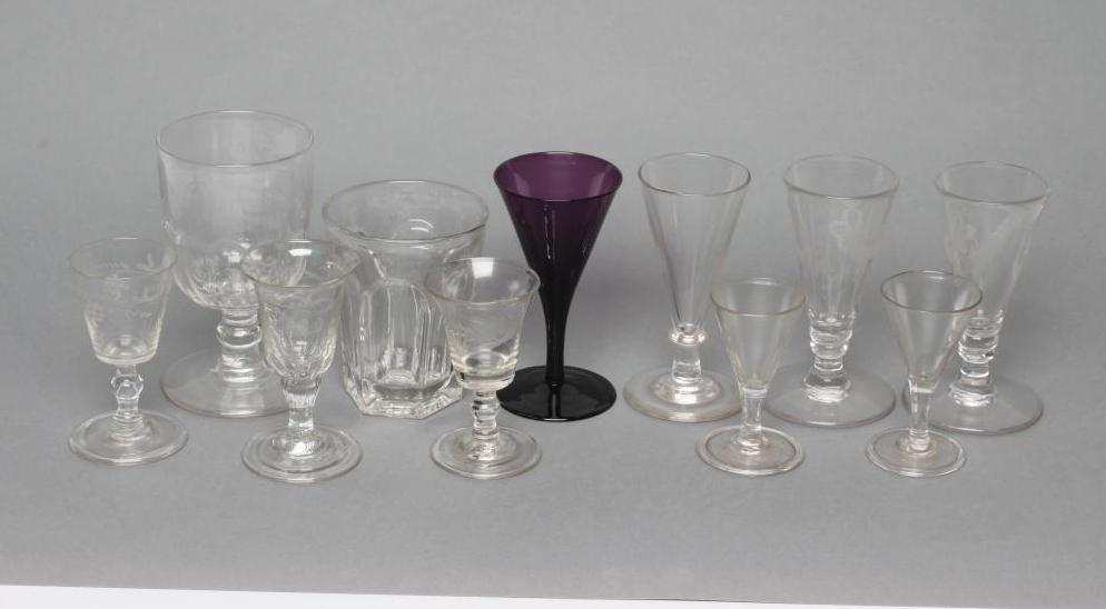 A COLLECTION OF TEN ALE FLUTES AND OTHER GLASSES, late 18th century and later, including a pair of