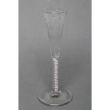 A RATAFIA GLASS, mid 18th century, the panel mould blown conical bowl wheel engraved with a